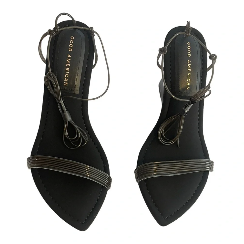 Good American PVC smoky clear wedge ankle strap shoes NWT